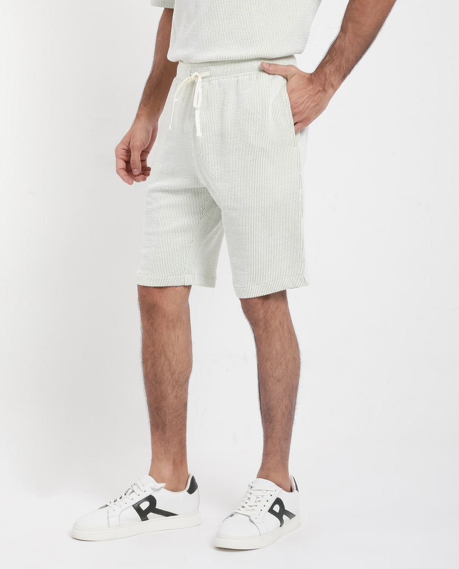 Rare Rabbit Men's Zavet-B Light Green Cotton Blend Striped Print Regular Fit Shorts