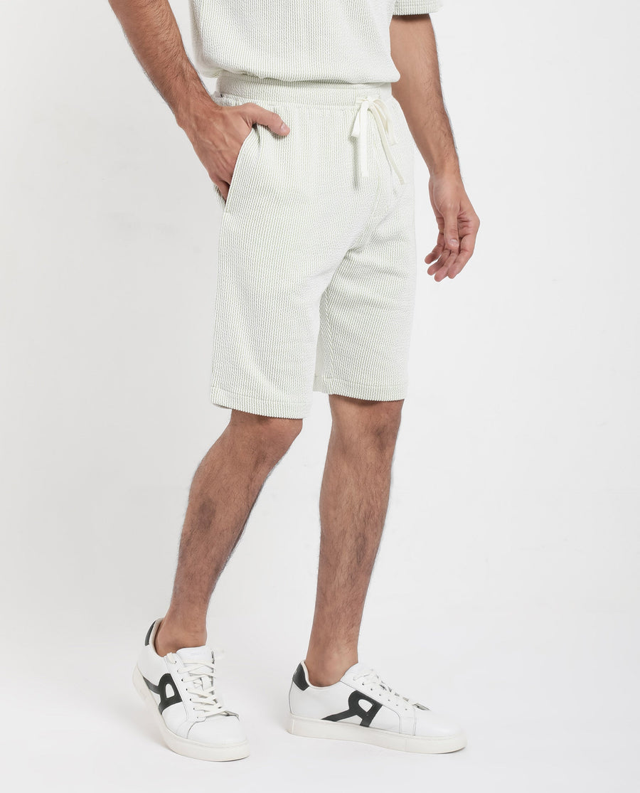Rare Rabbit Men's Zavet-B Light Green Cotton Blend Striped Print Regular Fit Shorts