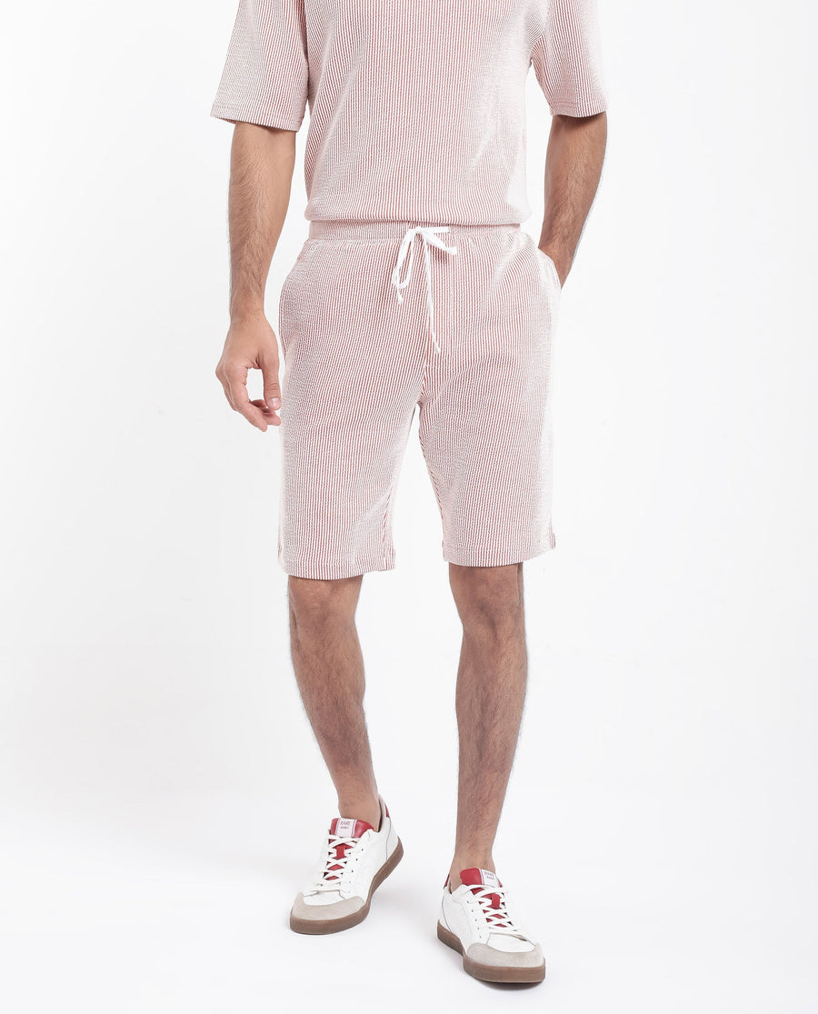Rare Rabbit Men's Zavet-B Rust Cotton Blend Striped Print Regular Fit Shorts