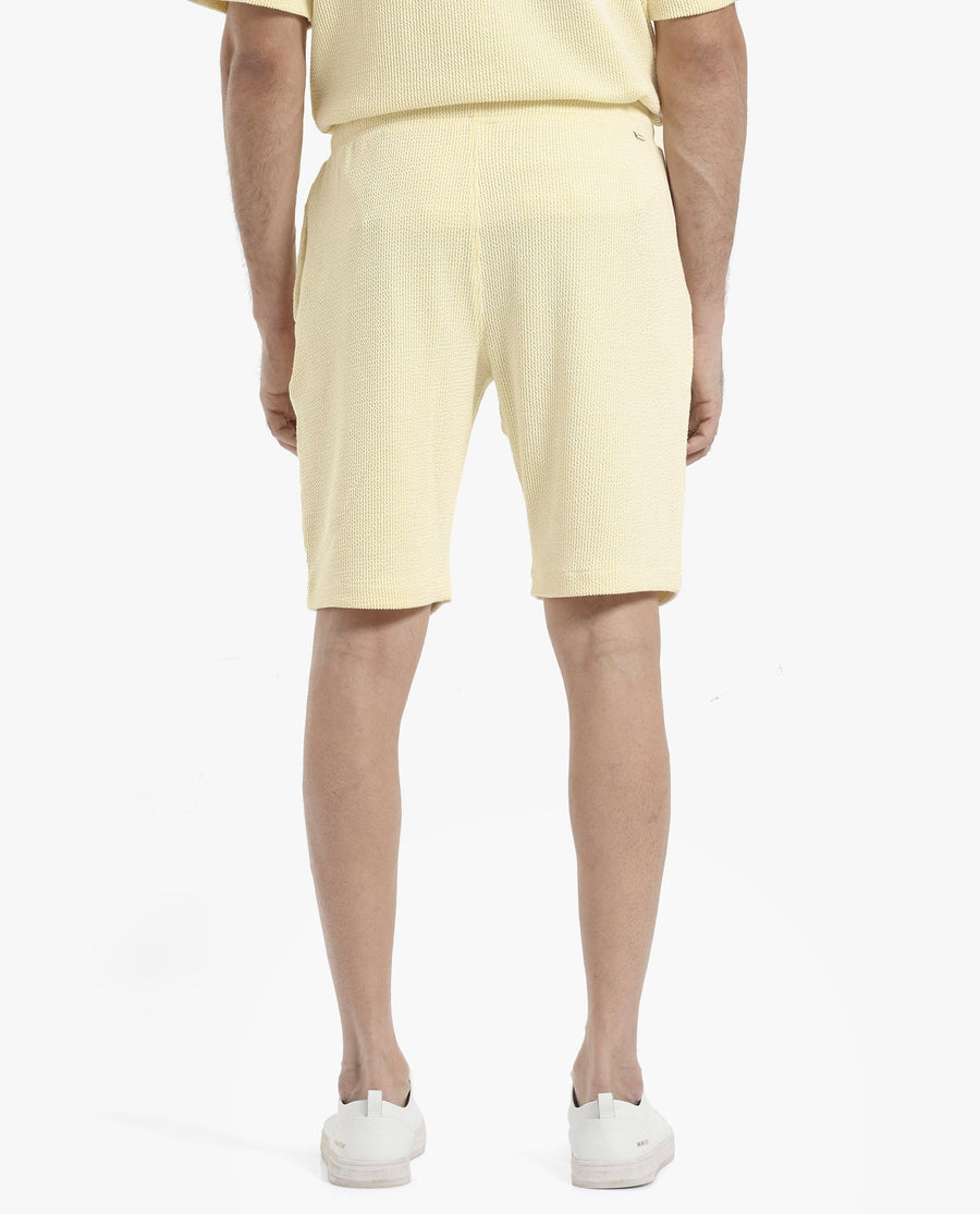 Rare Rabbit Men's Zavet-B Flouroscent Yellow Cotton Blend Striped Print Regular Fit Shorts