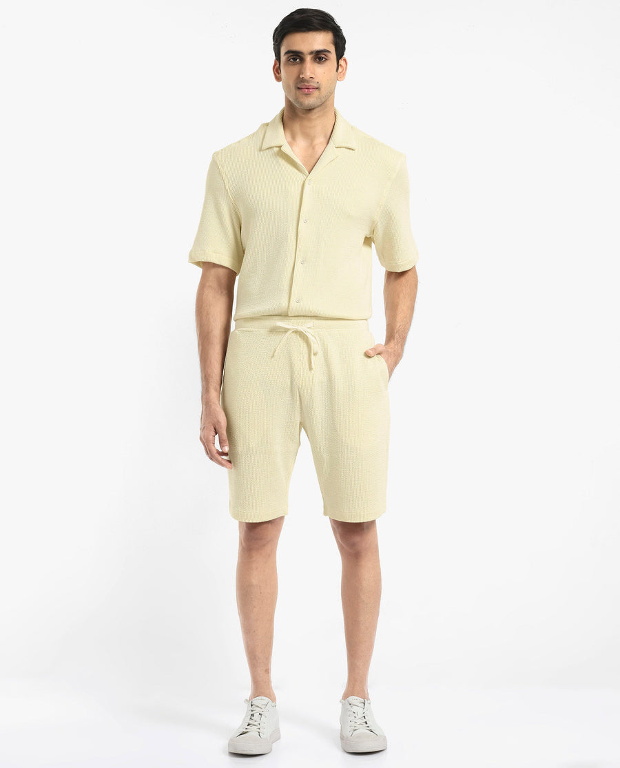 Rare Rabbit Men's Zavet-B Flouroscent Yellow Cotton Blend Striped Print Regular Fit Shorts