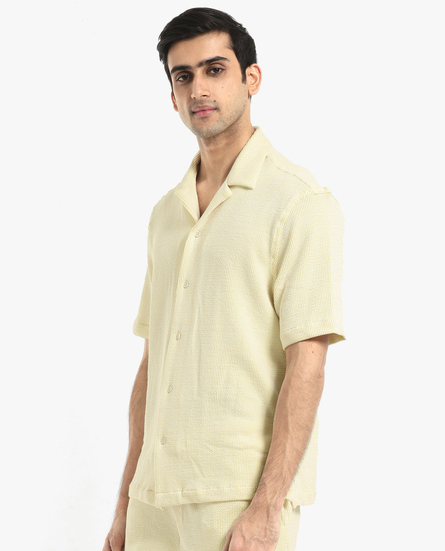 Rare Rabbit Men's Zavet-S Yellow Cotton Striped Print Boxy Fit Half Sleeve Cuban Collar Shirt