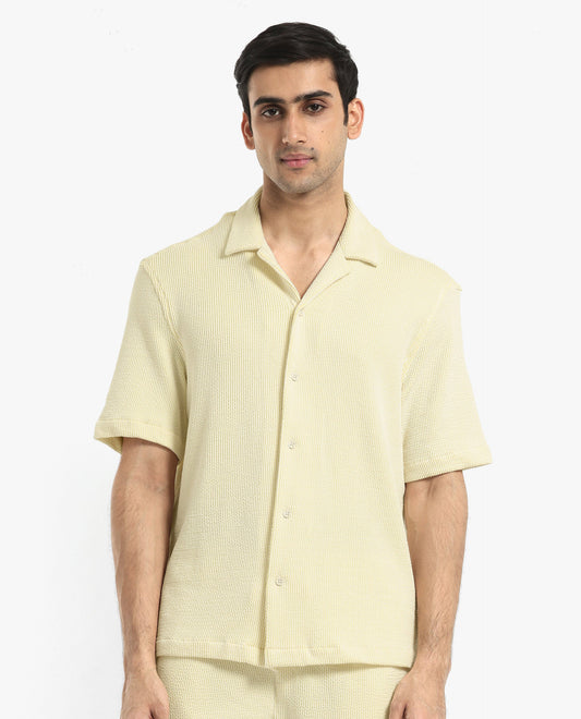 Rare Rabbit Men's Zavet-S Yellow Cotton Striped Print Boxy Fit Half Sleeve Cuban Collar Shirt