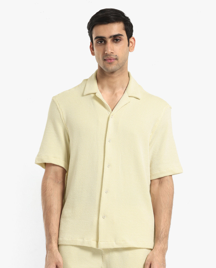 Rare Rabbit Men's Zavet-S Yellow Cotton Striped Print Boxy Fit Half Sleeve Cuban Collar Shirt