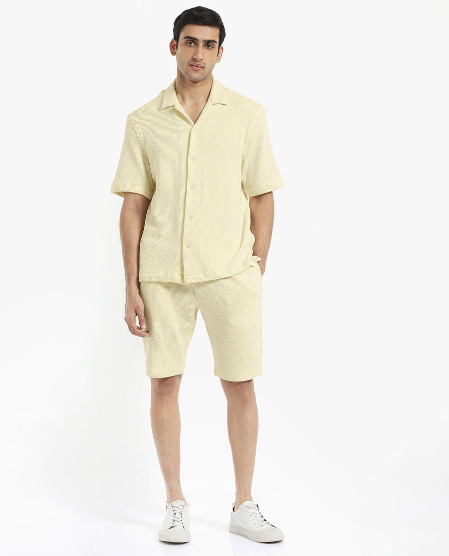 Rare Rabbit Men's Zavet-S Yellow Cotton Striped Print Boxy Fit Half Sleeve Cuban Collar Shirt
