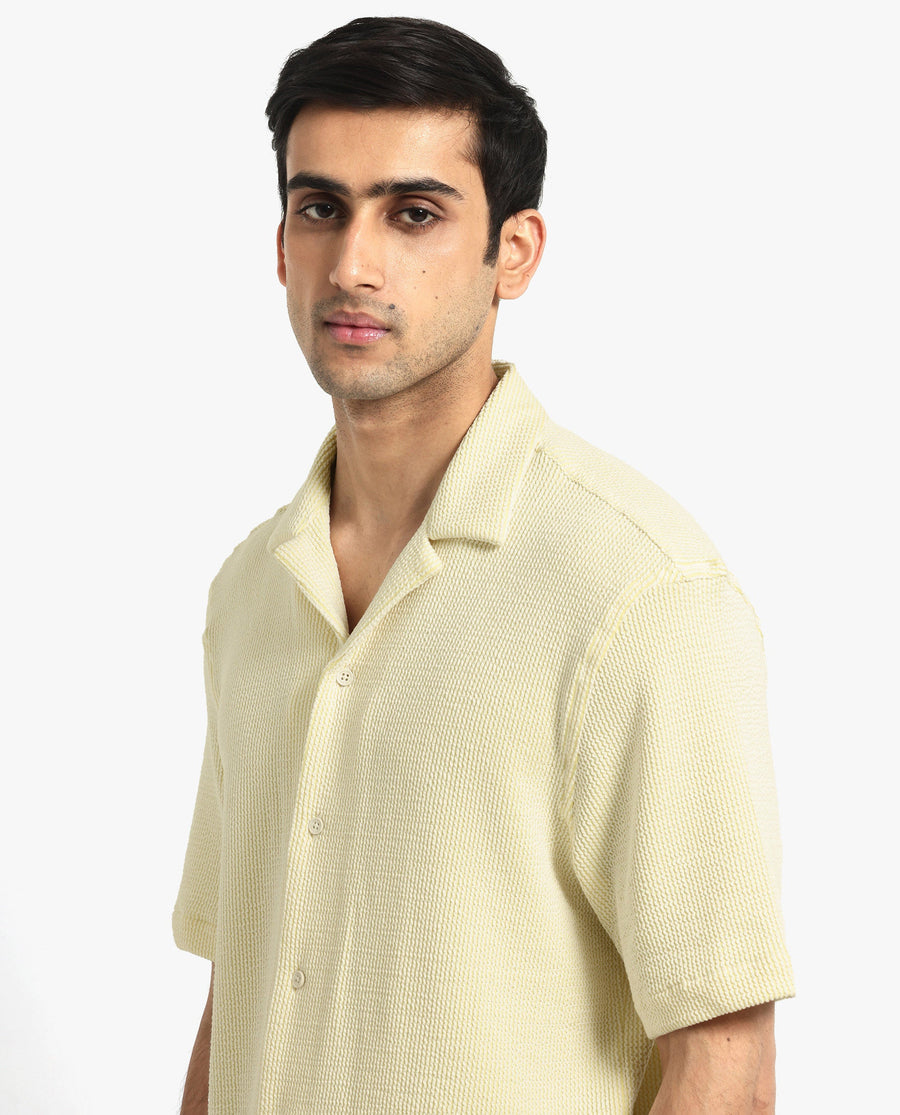 Rare Rabbit Men's Zavet-S Yellow Cotton Striped Print Boxy Fit Half Sleeve Cuban Collar Shirt