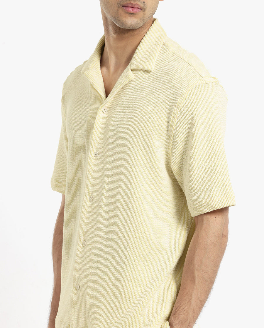 Rare Rabbit Men's Zavet-S Yellow Cotton Striped Print Boxy Fit Half Sleeve Cuban Collar Shirt