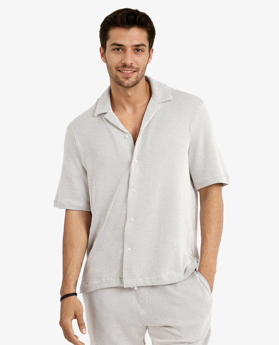 Rare Rabbit Men's Zavet-S Grey Cotton Striped Print Boxy Fit Half Sleeve Cuban Collar Shirt