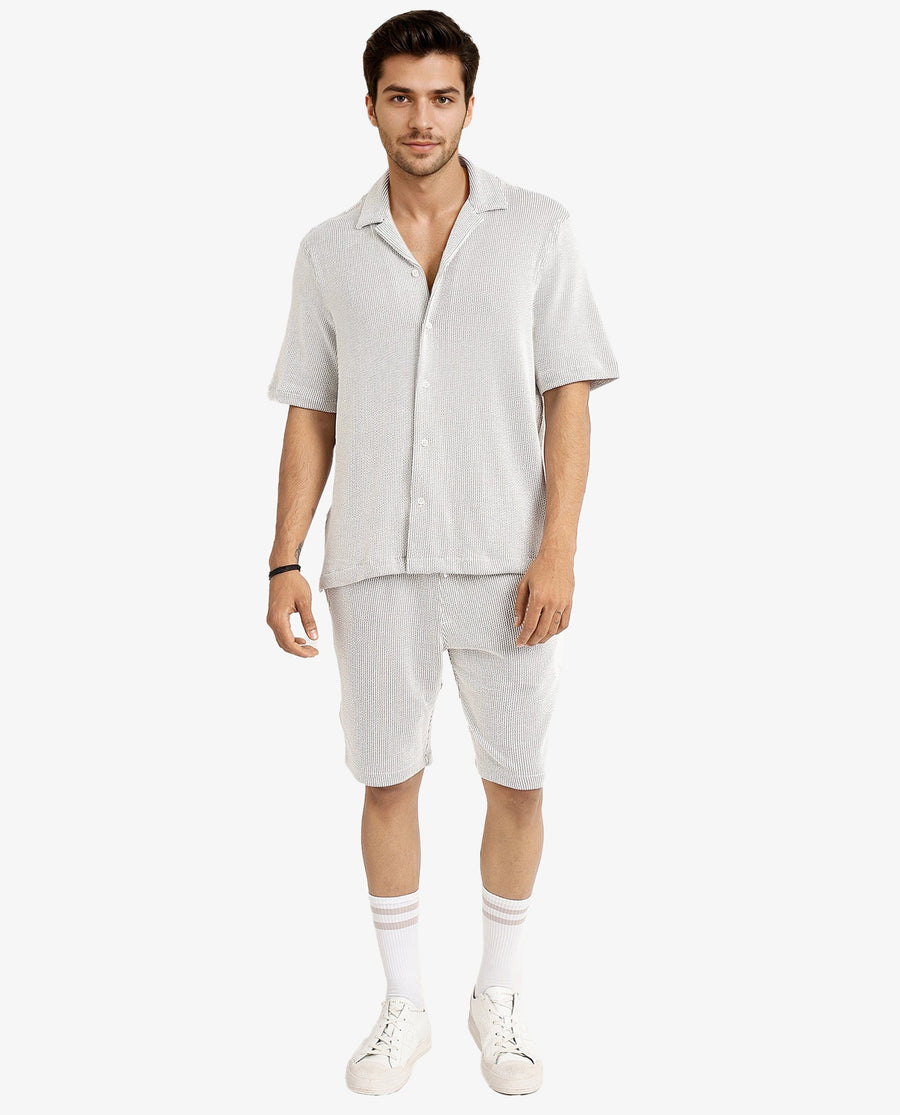 Rare Rabbit Men's Zavet-S Grey Cotton Striped Print Boxy Fit Half Sleeve Cuban Collar Shirt