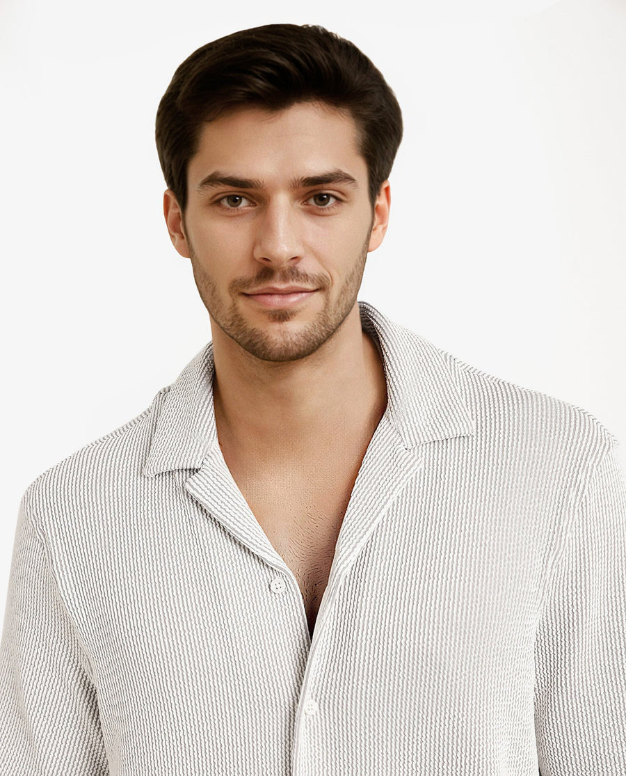 Rare Rabbit Men's Zavet-S Grey Cotton Striped Print Boxy Fit Half Sleeve Cuban Collar Shirt