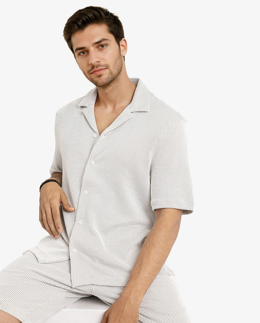 Rare Rabbit Men's Zavet-S Grey Cotton Striped Print Boxy Fit Half Sleeve Cuban Collar Shirt