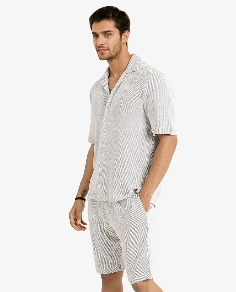 Rare Rabbit Men's Zavet-S Grey Cotton Striped Print Boxy Fit Half Sleeve Cuban Collar Shirt