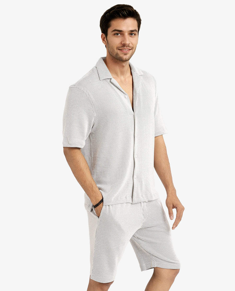 Rare Rabbit Men's Zavet-S Grey Cotton Striped Print Boxy Fit Half Sleeve Cuban Collar Shirt