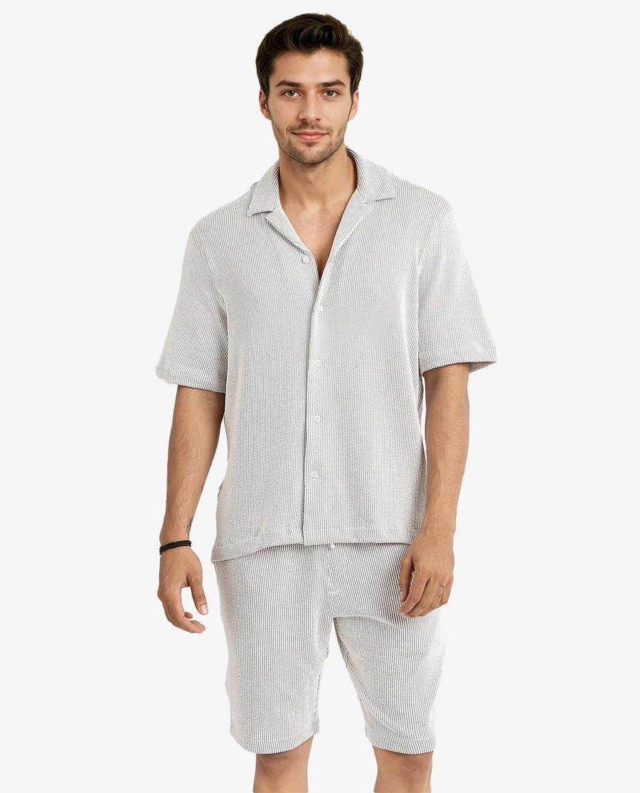 Rare Rabbit Men's Zavet-S Grey Cotton Striped Print Boxy Fit Half Sleeve Cuban Collar Shirt