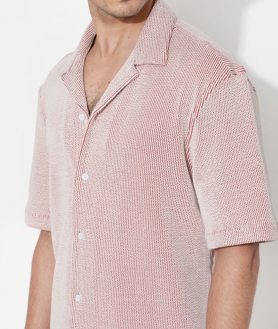 Rare Rabbit Men's Zavet-S Rust Cotton Striped Print Boxy Fit Half Sleeve Cuban Collar Shirt