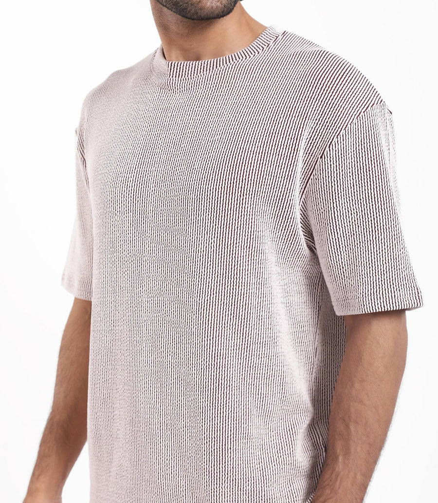 Rare Rabbit Men's Zavet-T Maroon Cotton Blend Striped Print Oversized Fit Half Sleeve Crew Neck T-Shirt