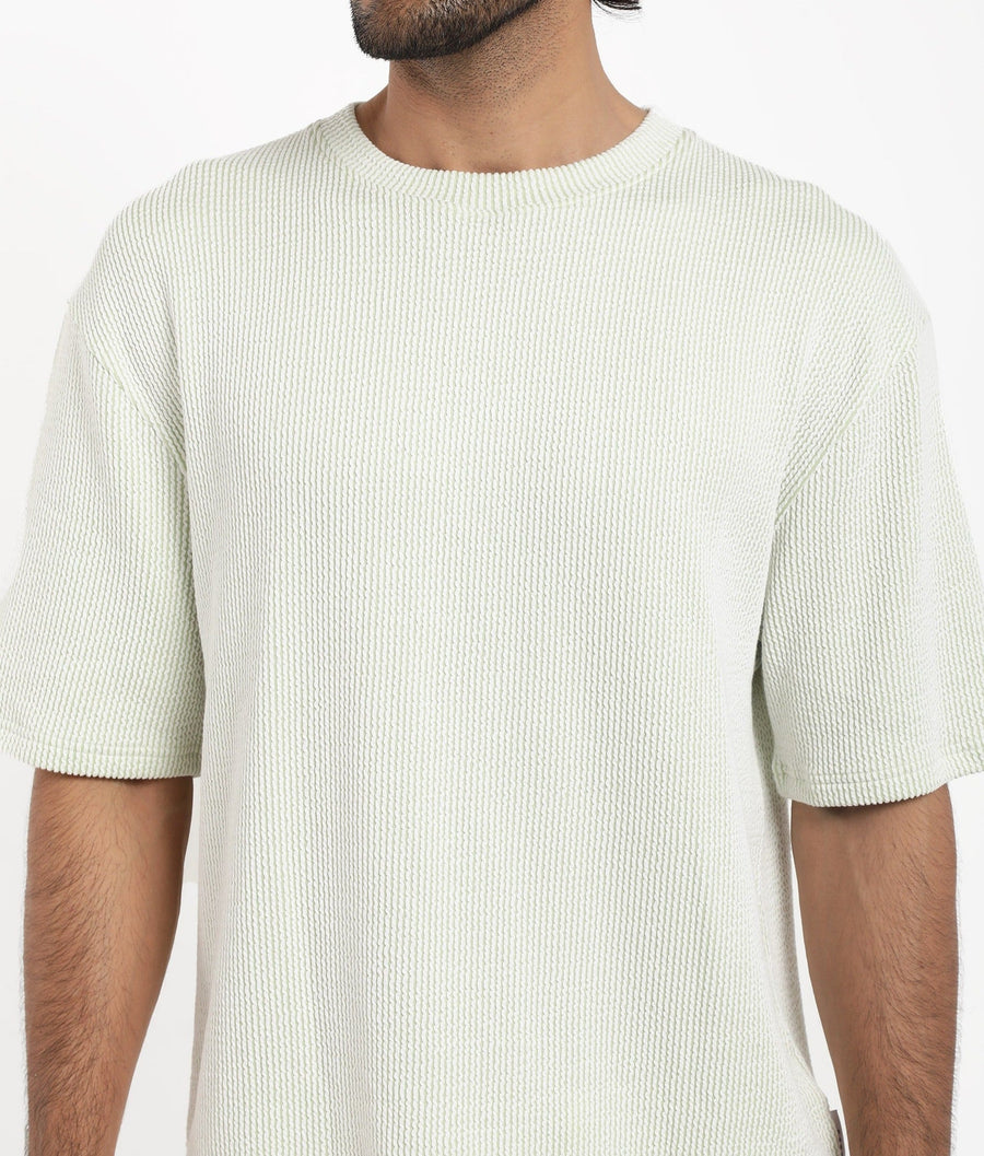 Rare Rabbit Men's Zavet-T Light Green Cotton Blend Striped Print Oversized Fit Half Sleeve Crew Neck T-Shirt