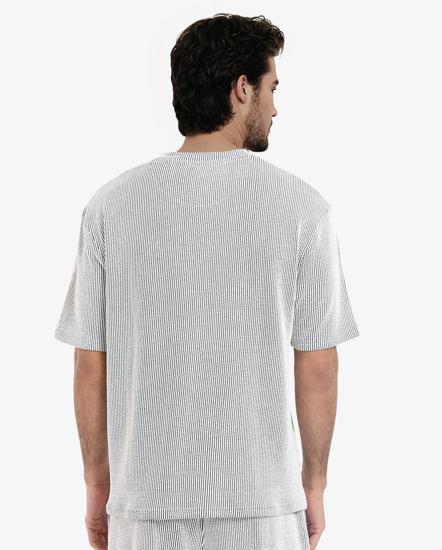 Rare Rabbit Men's Zavet-T Black Cotton Blend Striped Print Oversized Fit Half Sleeve Crew Neck T-Shirt