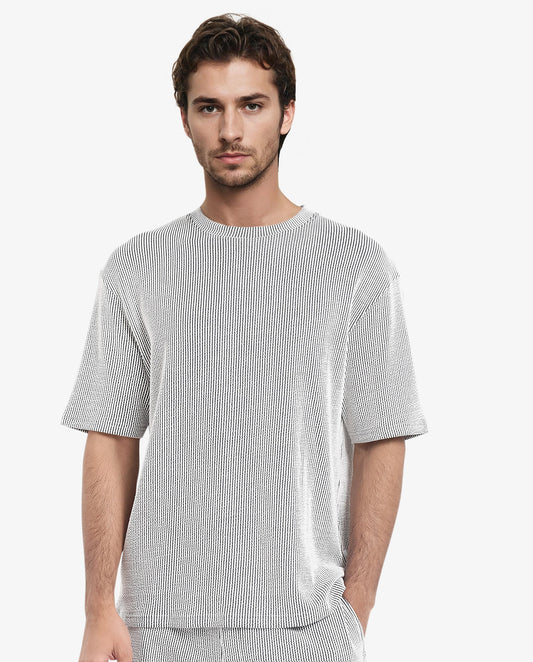 Rare Rabbit Men's Zavet-T Black Cotton Blend Striped Print Oversized Fit Half Sleeve Crew Neck T-Shirt