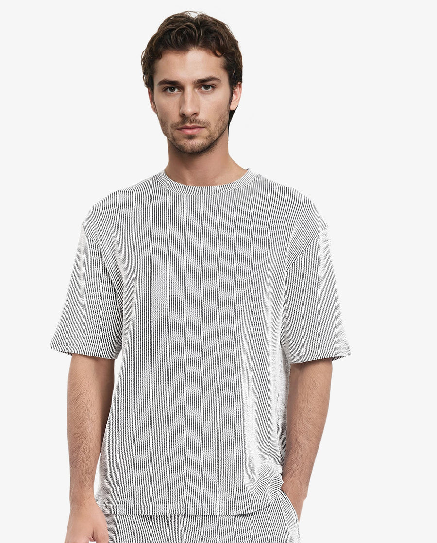Rare Rabbit Men's Zavet-T Black Cotton Blend Striped Print Oversized Fit Half Sleeve Crew Neck T-Shirt