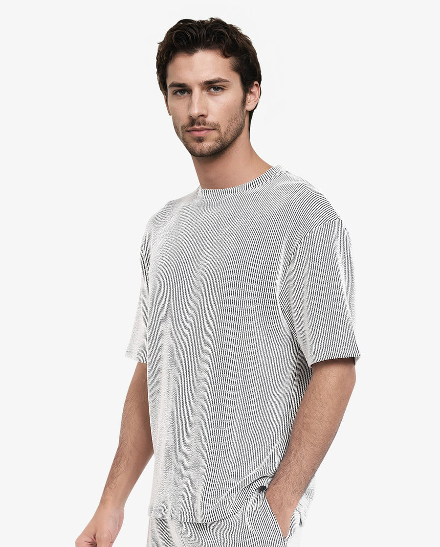 Rare Rabbit Men's Zavet-T Black Cotton Blend Striped Print Oversized Fit Half Sleeve Crew Neck T-Shirt