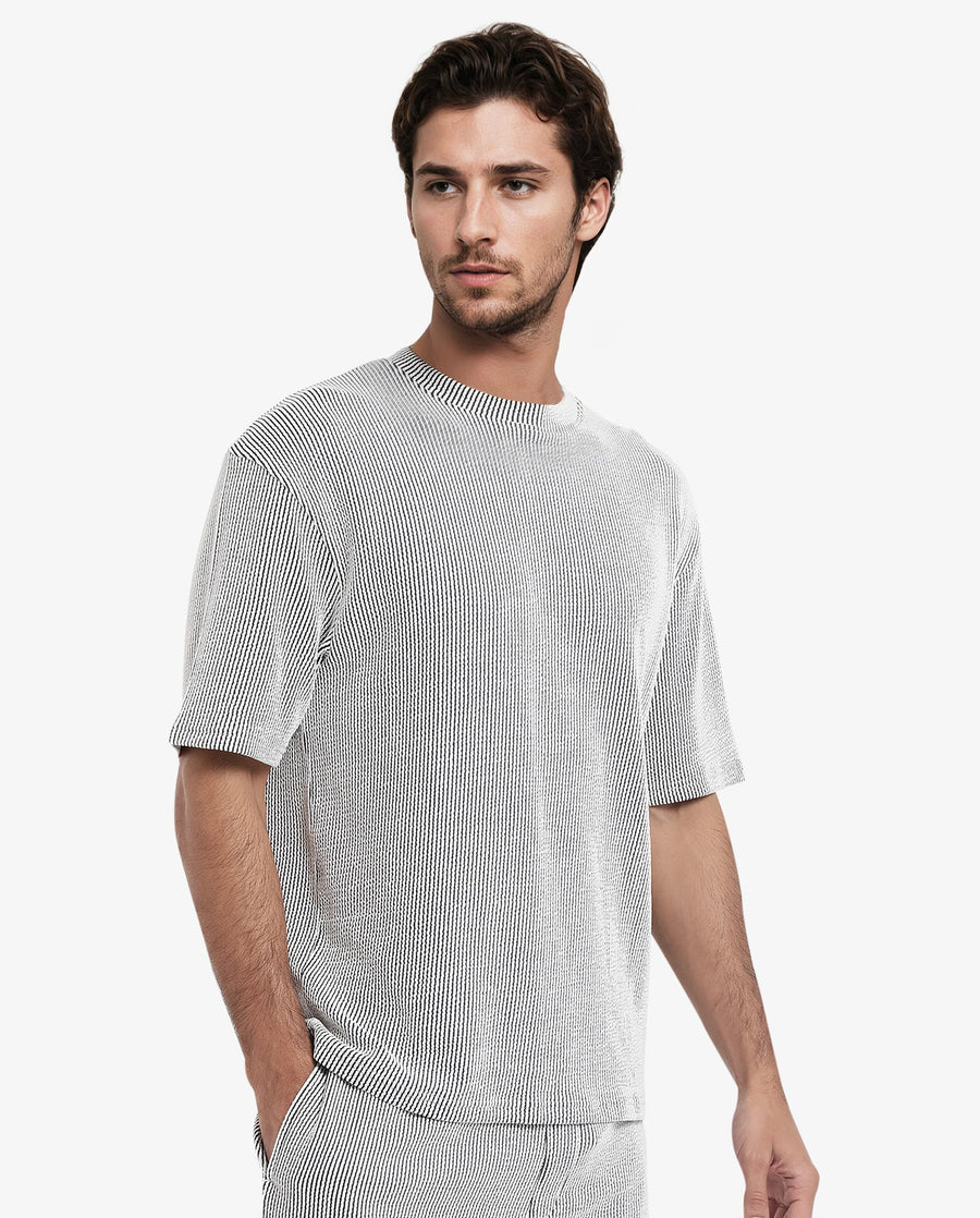 Rare Rabbit Men's Zavet-T Black Cotton Blend Striped Print Oversized Fit Half Sleeve Crew Neck T-Shirt