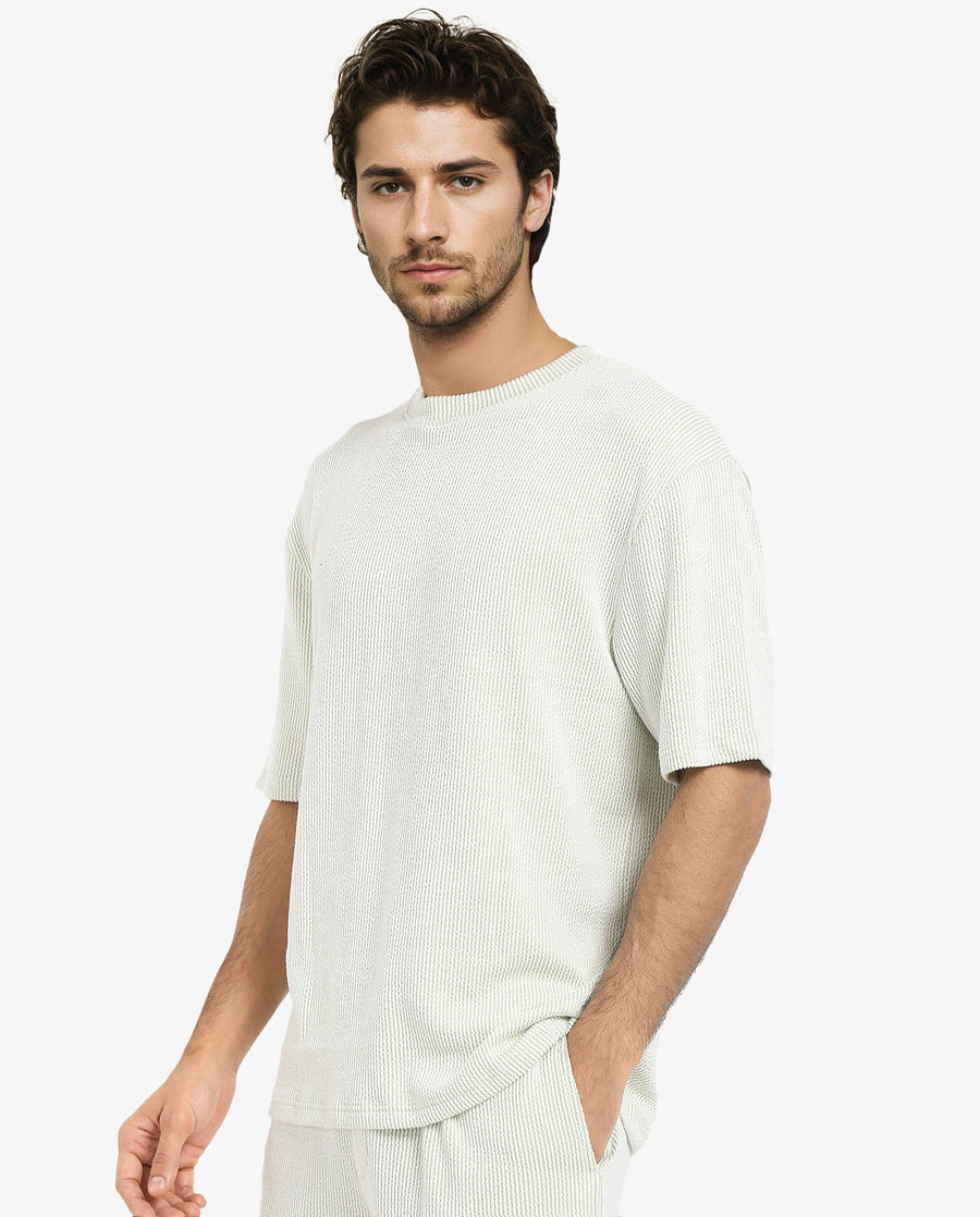 Rare Rabbit Men's Zavet-T Light Green Cotton Blend Striped Print Oversized Fit Half Sleeve Crew Neck T-Shirt