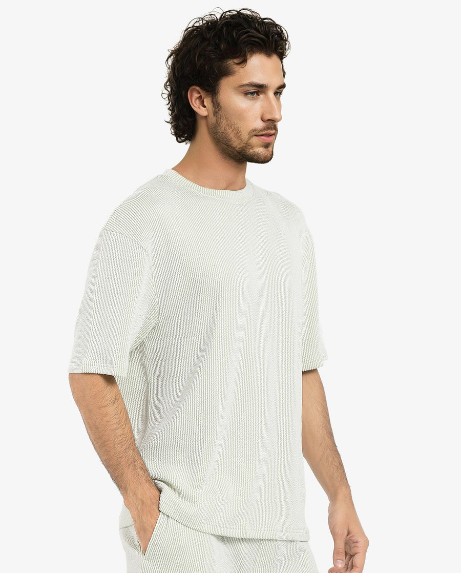 Rare Rabbit Men's Zavet-T Light Green Cotton Blend Striped Print Oversized Fit Half Sleeve Crew Neck T-Shirt