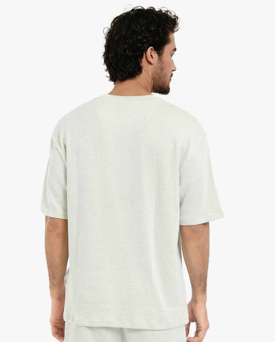 Rare Rabbit Men's Zavet-T Light Green Cotton Blend Striped Print Oversized Fit Half Sleeve Crew Neck T-Shirt