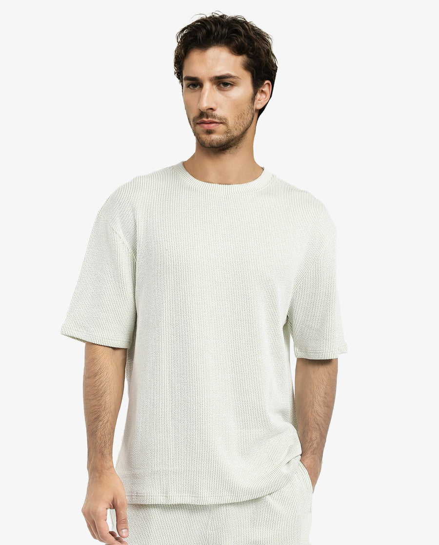 Rare Rabbit Men's Zavet-T Light Green Cotton Blend Striped Print Oversized Fit Half Sleeve Crew Neck T-Shirt
