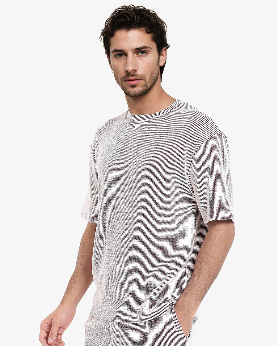 Rare Rabbit Men's Zavet-T Maroon Cotton Blend Striped Print Oversized Fit Half Sleeve Crew Neck T-Shirt