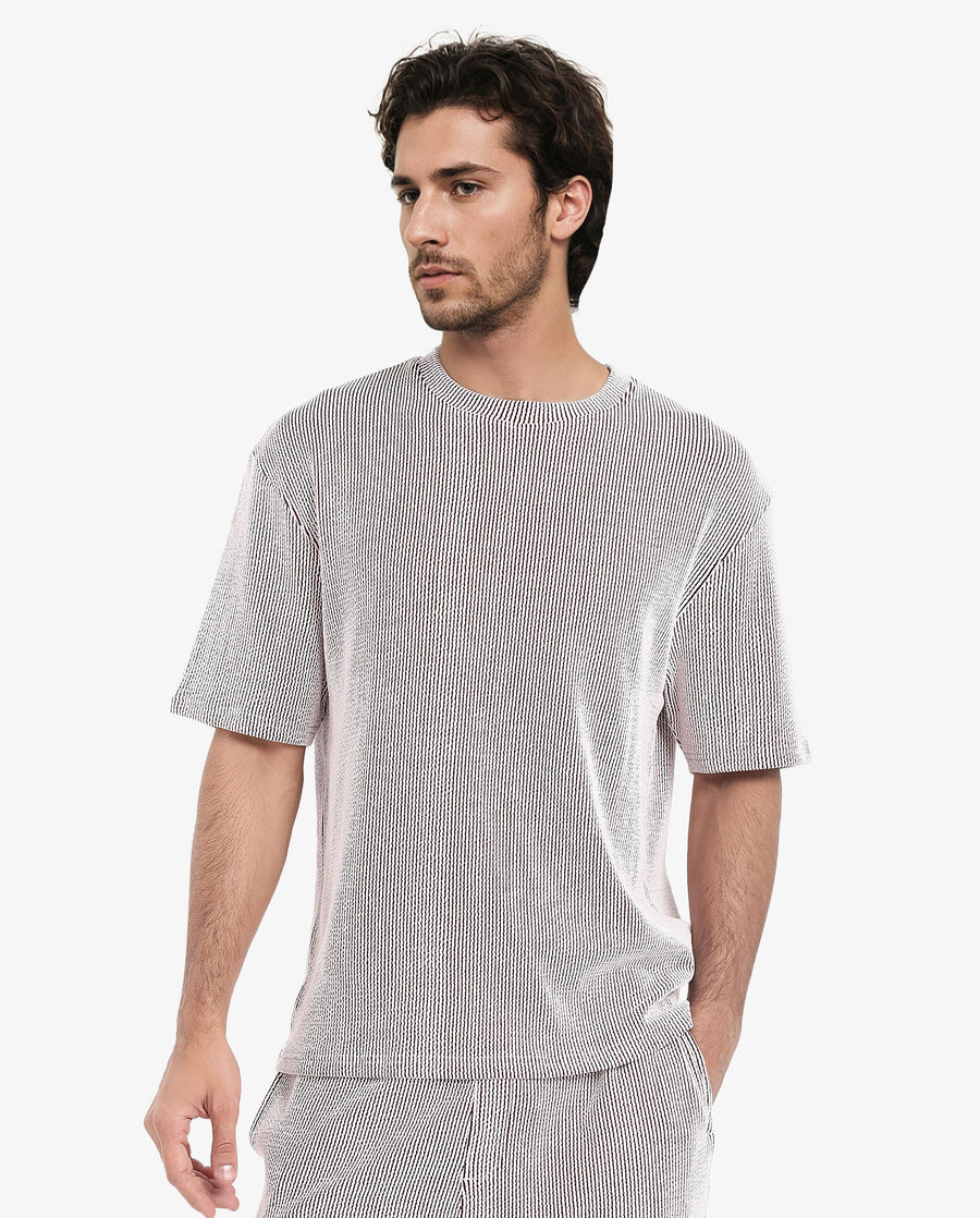 Rare Rabbit Men's Zavet-T Maroon Cotton Blend Striped Print Oversized Fit Half Sleeve Crew Neck T-Shirt