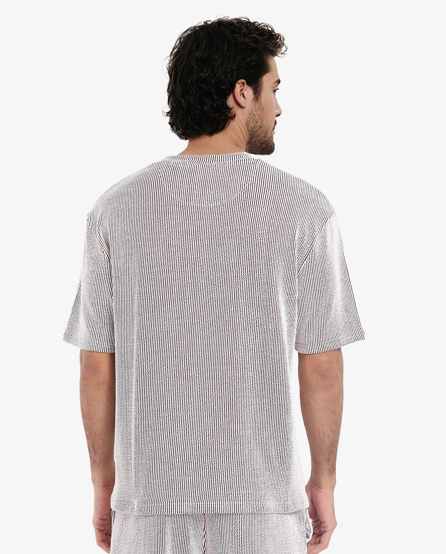 Rare Rabbit Men's Zavet-T Maroon Cotton Blend Striped Print Oversized Fit Half Sleeve Crew Neck T-Shirt