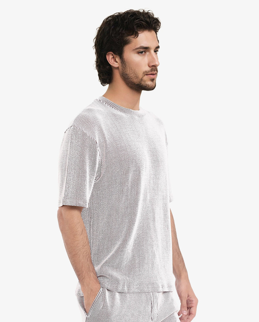 Rare Rabbit Men's Zavet-T Maroon Cotton Blend Striped Print Oversized Fit Half Sleeve Crew Neck T-Shirt