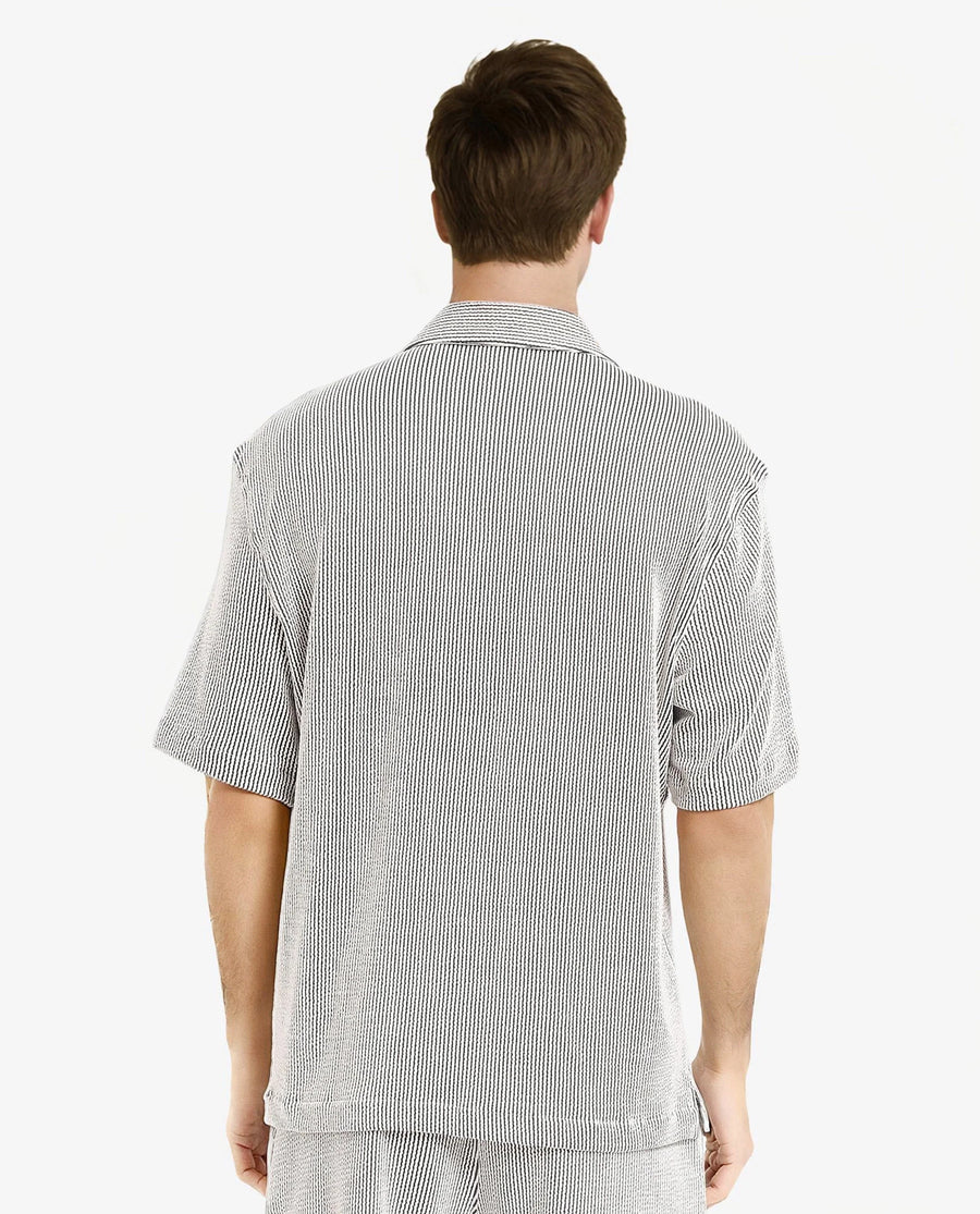 Rare Rabbit Men's Zavet-S Black Cotton Striped Print Boxy Fit Half Sleeve Cuban Collar Shirt