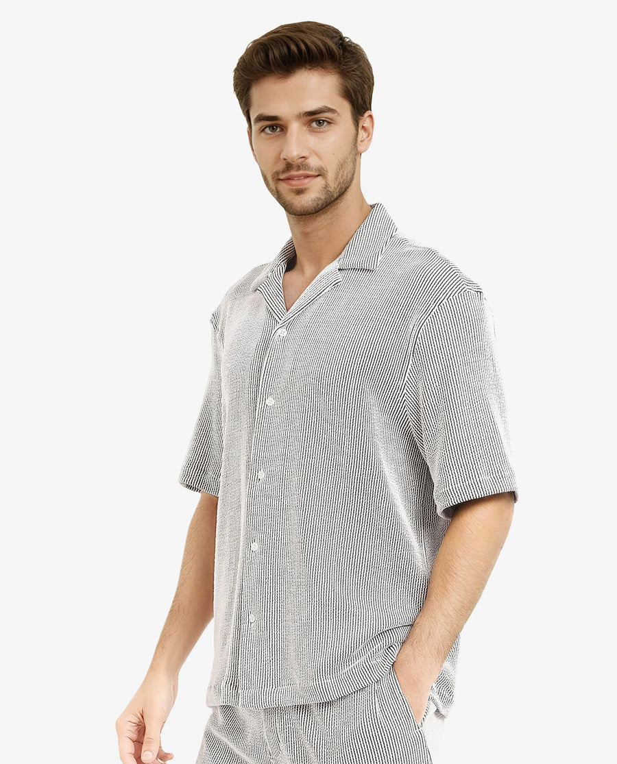 Rare Rabbit Men's Zavet-S Black Cotton Striped Print Boxy Fit Half Sleeve Cuban Collar Shirt