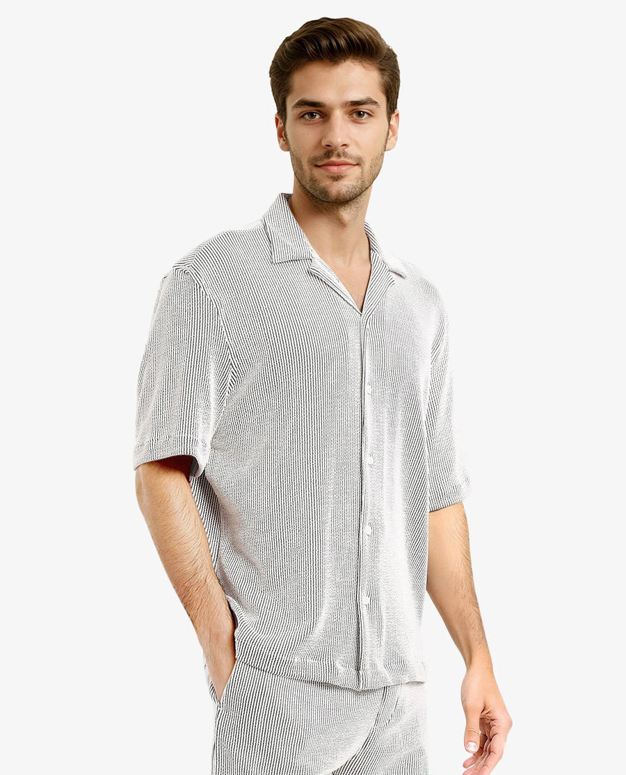 Rare Rabbit Men's Zavet-S Black Cotton Striped Print Boxy Fit Half Sleeve Cuban Collar Shirt