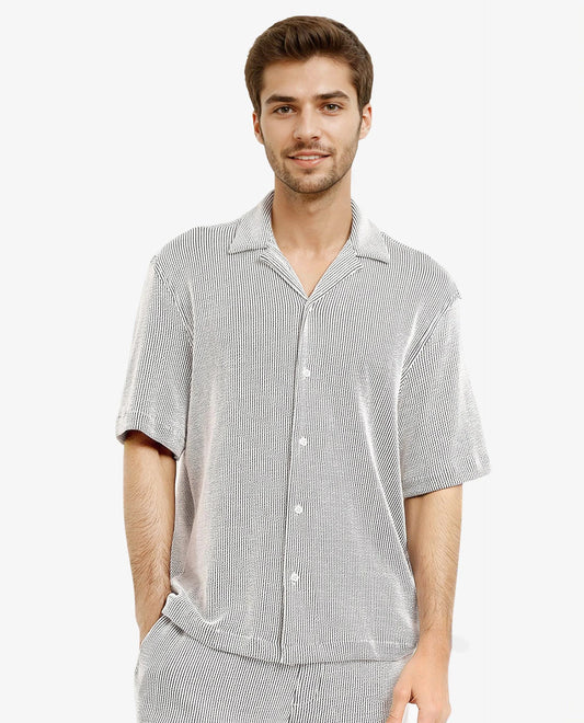 Rare Rabbit Men's Zavet-S Black Cotton Striped Print Boxy Fit Half Sleeve Cuban Collar Shirt
