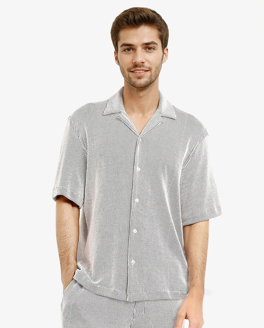Rare Rabbit Men's Zavet-S Black Cotton Striped Print Boxy Fit Half Sleeve Cuban Collar Shirt