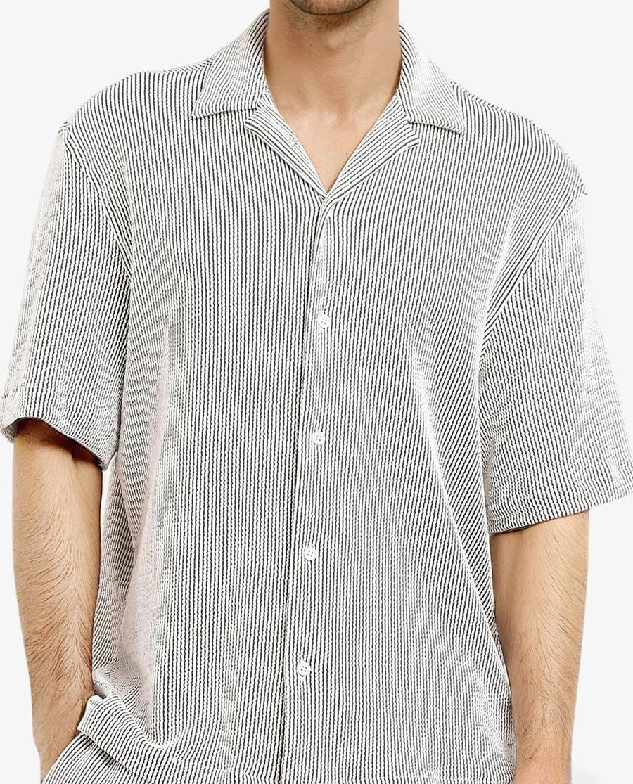 Rare Rabbit Men's Zavet-S Black Cotton Striped Print Boxy Fit Half Sleeve Cuban Collar Shirt