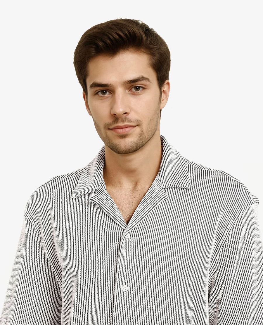 Rare Rabbit Men's Zavet-S Black Cotton Striped Print Boxy Fit Half Sleeve Cuban Collar Shirt