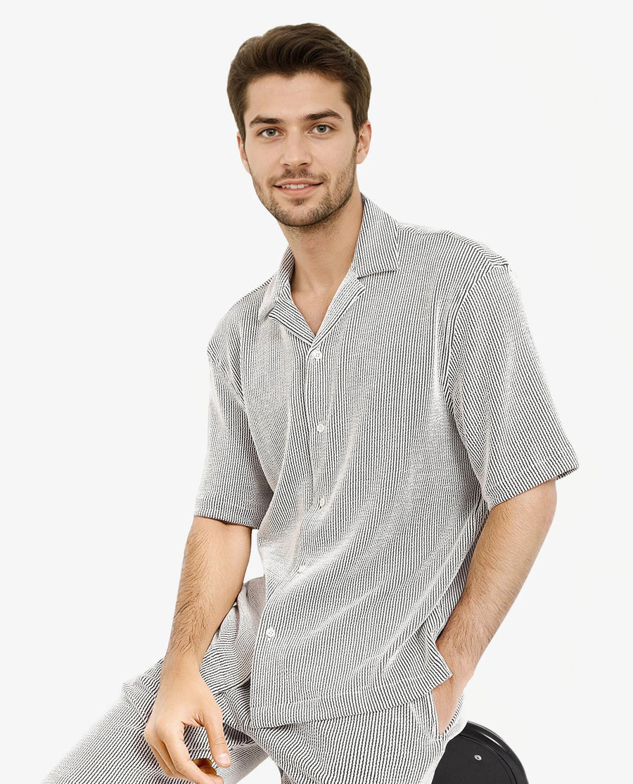 Rare Rabbit Men's Zavet-S Black Cotton Striped Print Boxy Fit Half Sleeve Cuban Collar Shirt