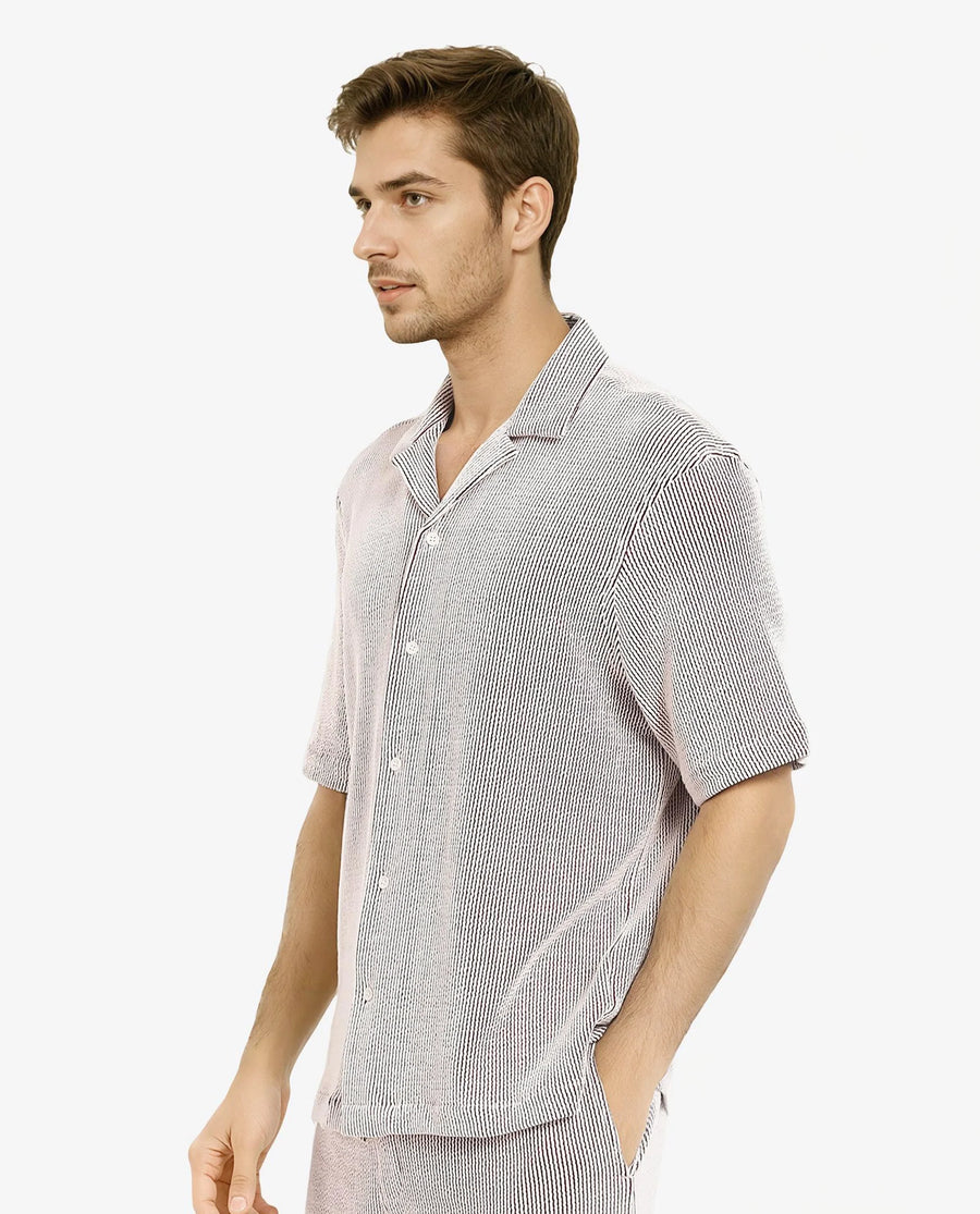 Rare Rabbit Men's Zavet-S Maroon Cotton Striped Print Boxy Fit Half Sleeve Cuban Collar Shirt