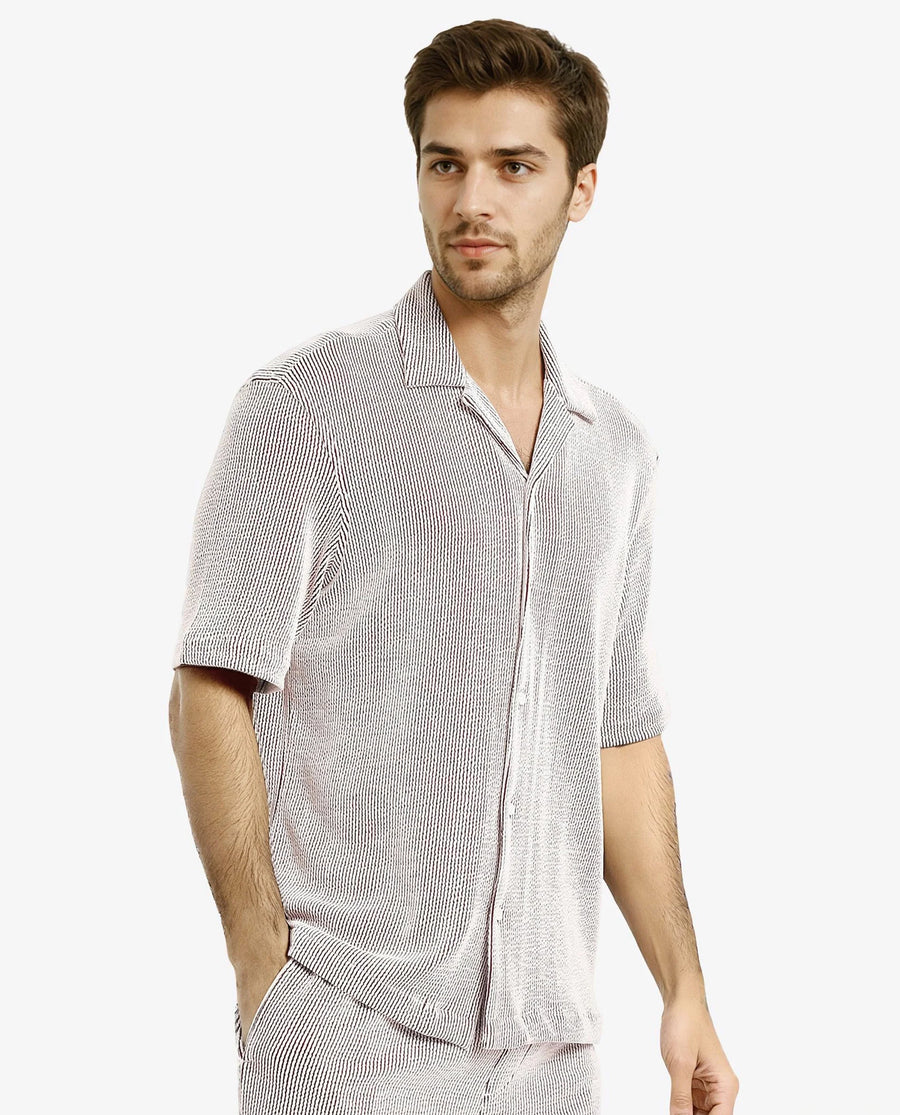 Rare Rabbit Men's Zavet-S Maroon Cotton Striped Print Boxy Fit Half Sleeve Cuban Collar Shirt