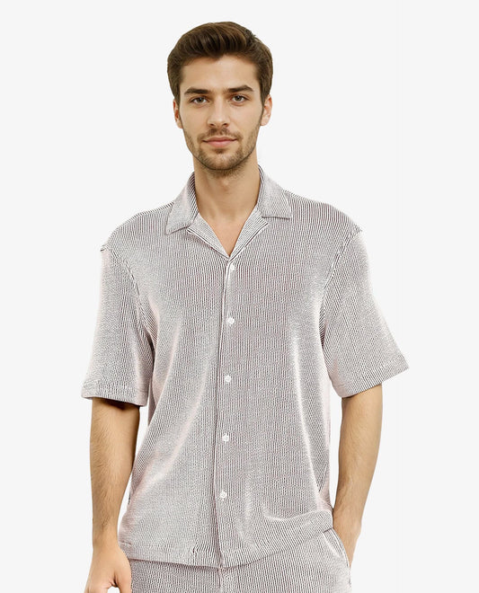Rare Rabbit Men's Zavet-S Maroon Cotton Striped Print Boxy Fit Half Sleeve Cuban Collar Shirt