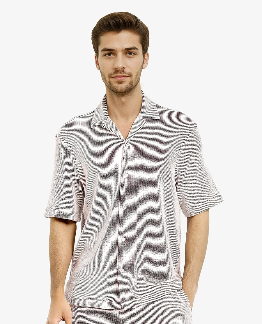 Rare Rabbit Men's Zavet-S Maroon Cotton Striped Print Boxy Fit Half Sleeve Cuban Collar Shirt