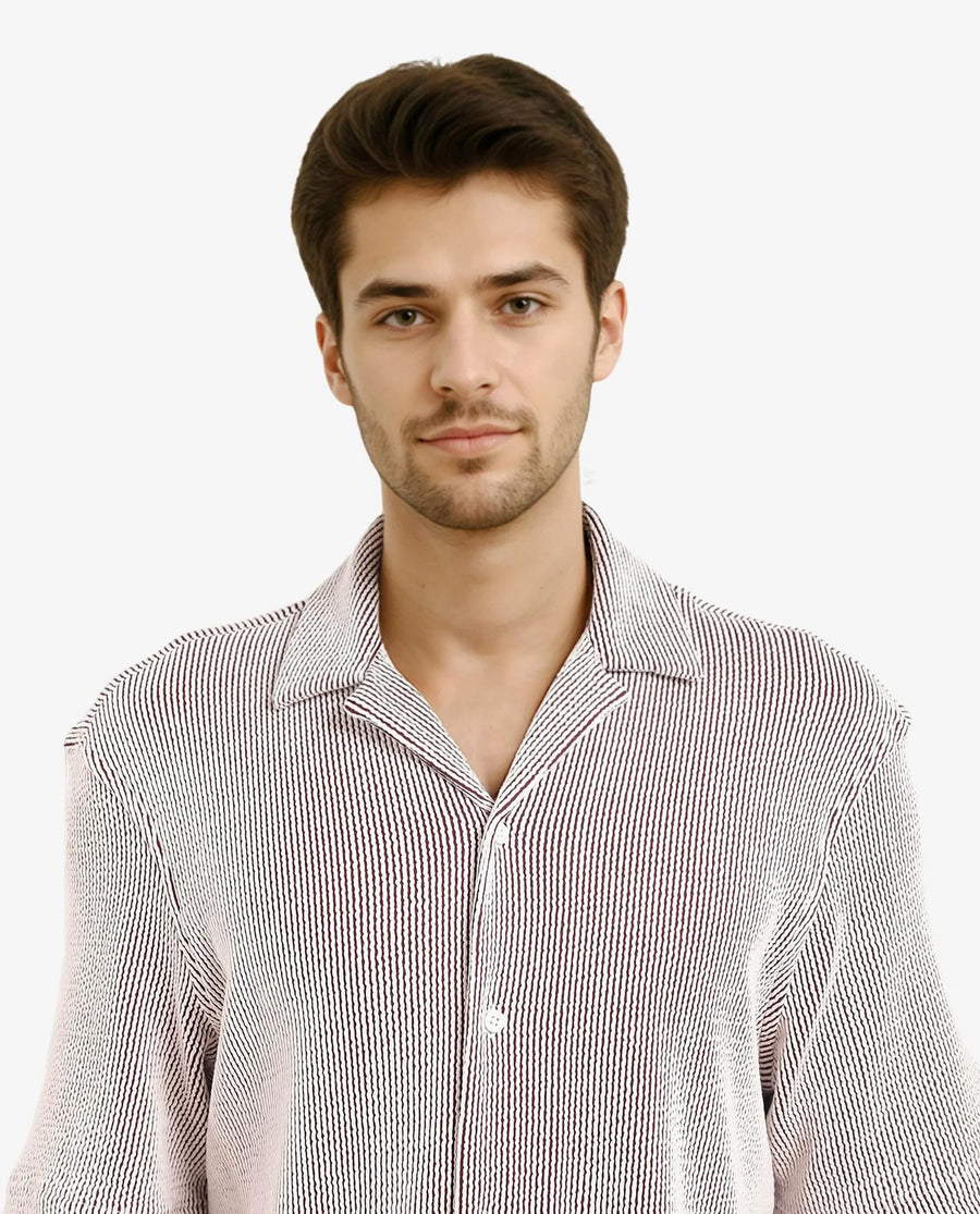 Rare Rabbit Men's Zavet-S Maroon Cotton Striped Print Boxy Fit Half Sleeve Cuban Collar Shirt