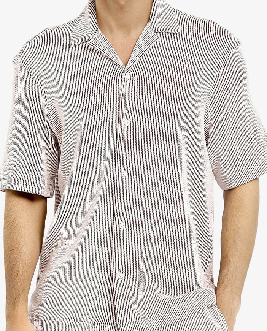Rare Rabbit Men's Zavet-S Maroon Cotton Striped Print Boxy Fit Half Sleeve Cuban Collar Shirt