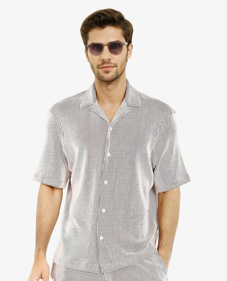 Rare Rabbit Men's Zavet-S Maroon Cotton Striped Print Boxy Fit Half Sleeve Cuban Collar Shirt