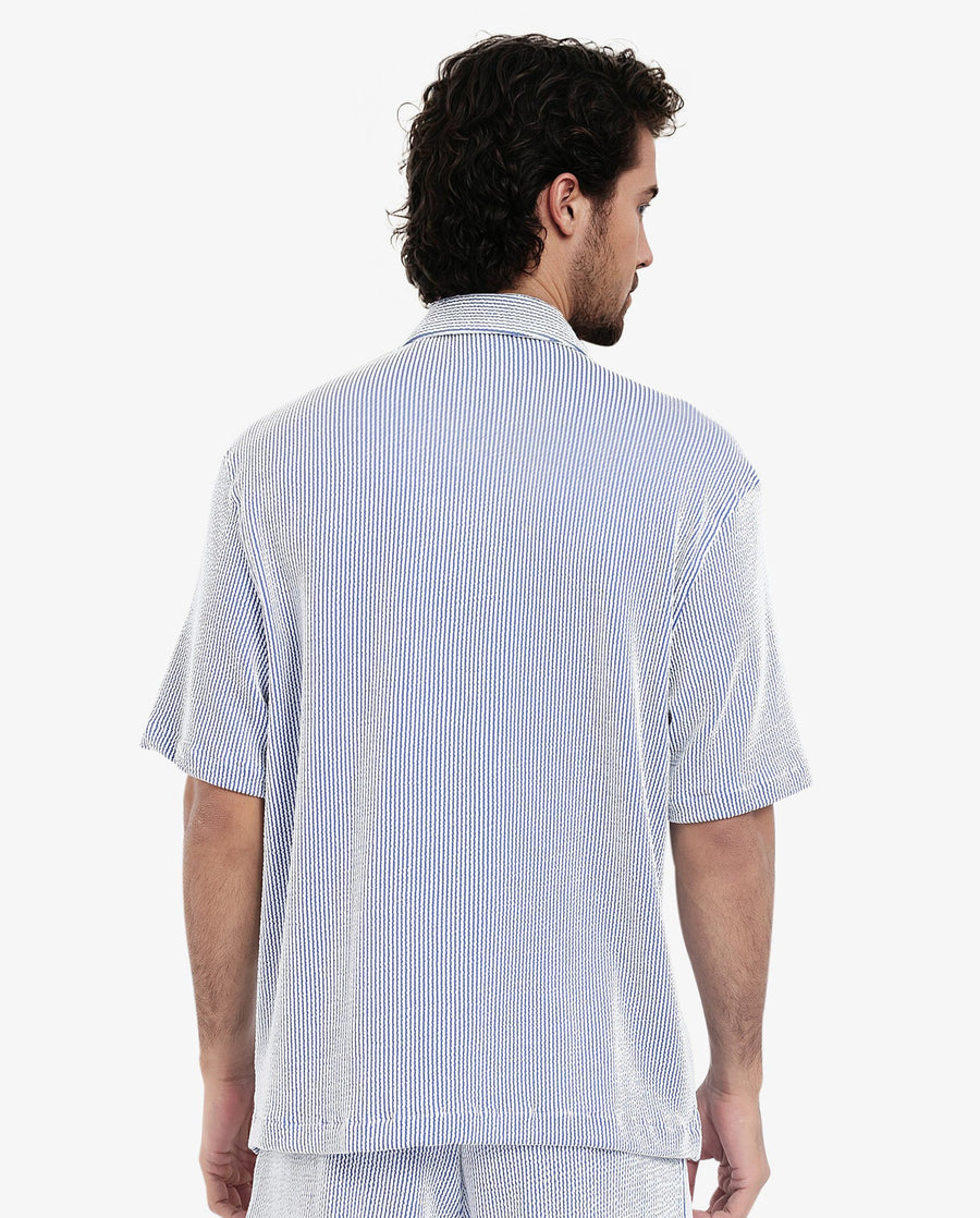 Rare Rabbit Men's Zavet-S Blue Cotton Striped Print Boxy Fit Half Sleeve Cuban Collar Shirt
